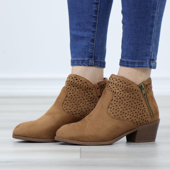 Tan Round Toe Low Heel Ankle Boots Faux Suede Lacer Cut Design - Picture 11 of 12